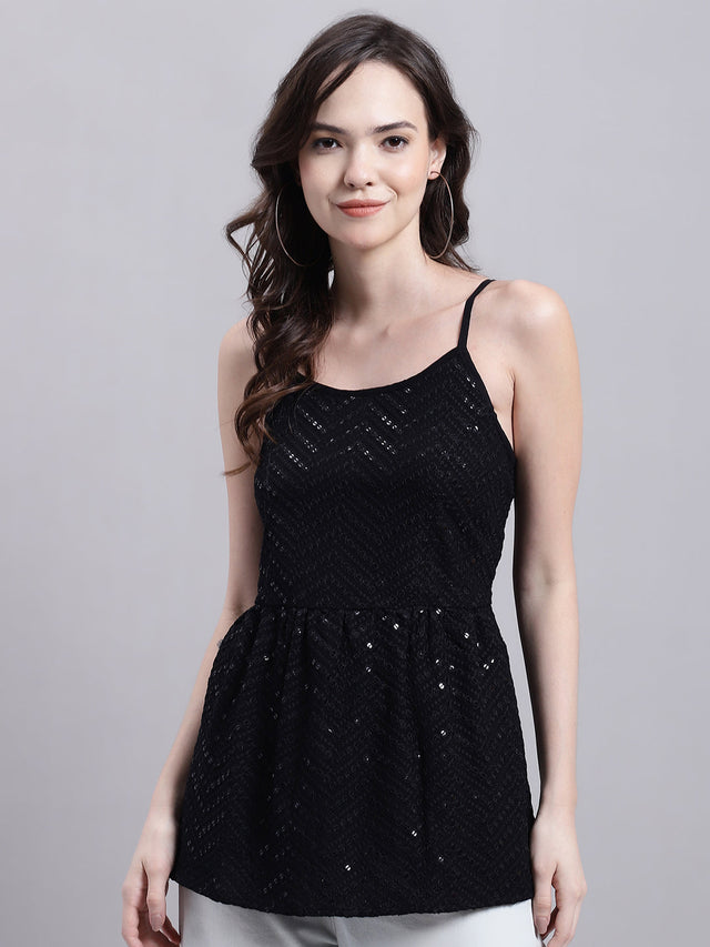 Women's Black Chikankari Sequin Work Empire Top