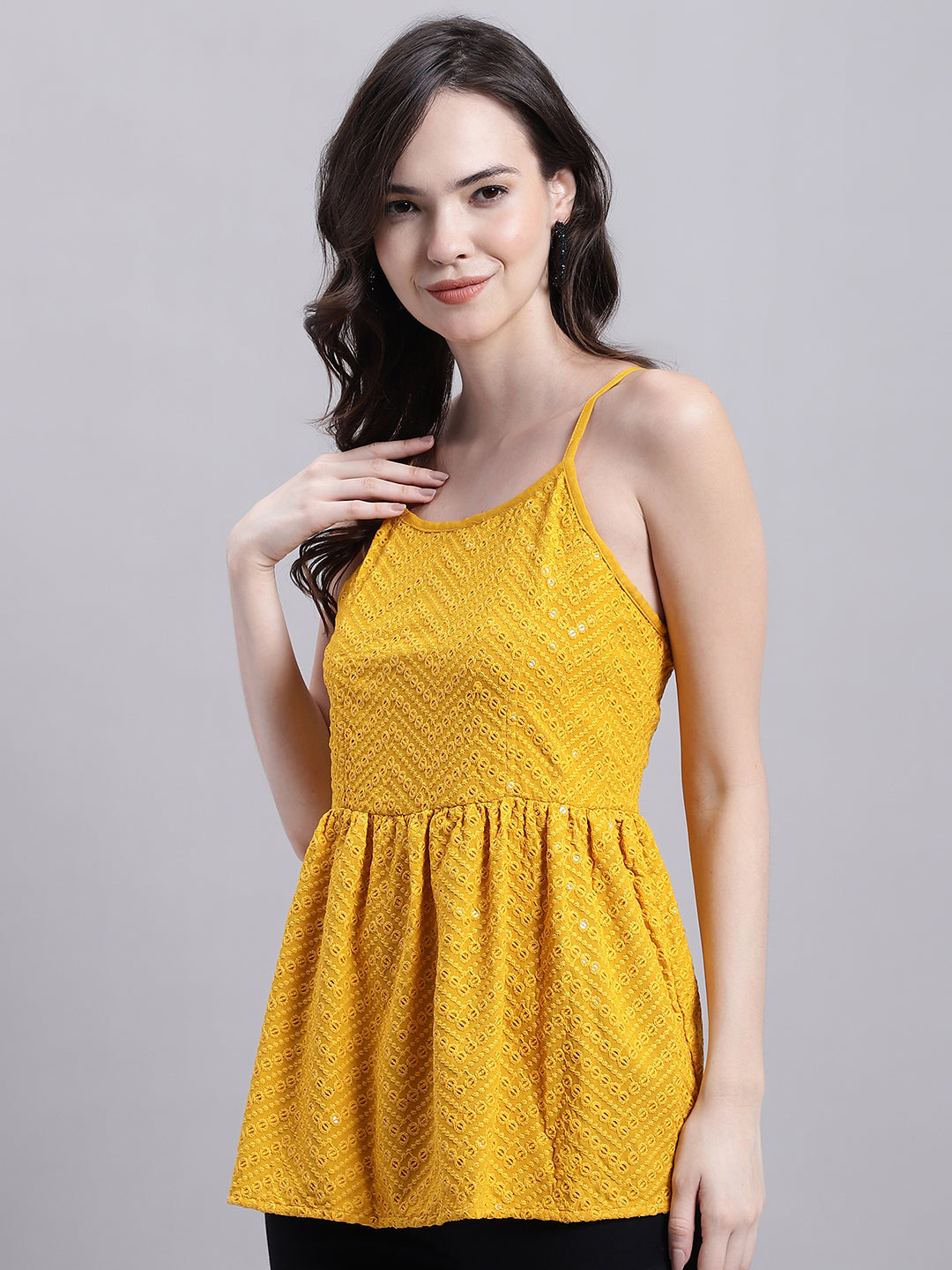 mustard yellow work dress Women's Mustard Chikankari Sequin Work Empire Top (JNT_2014Mustard)