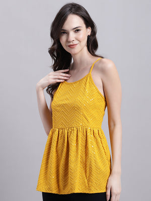 Women's Mustard Chikankari Sequin Work Empire Top