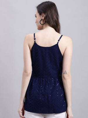 Women's Navy Blue Chikankari Sequin Work Empire Top