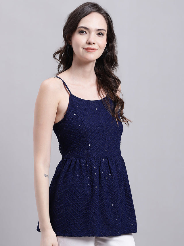 Women's Navy Blue Chikankari Sequin Work Empire Top