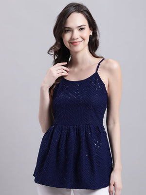Women's Navy Blue Chikankari Sequin Work Empire Top