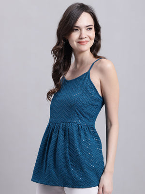 Women's Peacock Blue Chikankari Sequin Work Empire Top