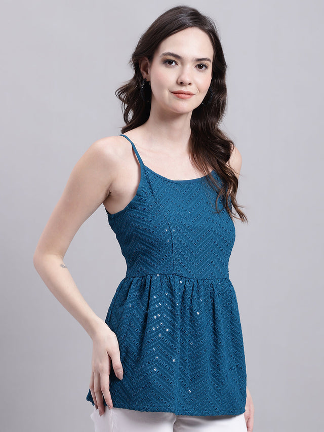 Women's Peacock Blue Chikankari Sequin Work Empire Top