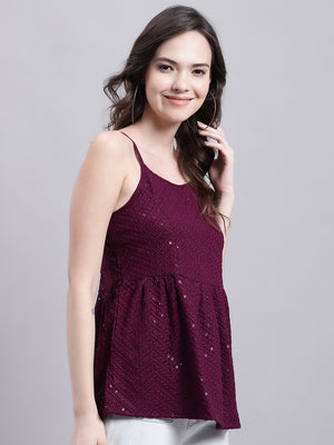 Women's Wine Chikankari Sequin Work Empire Top