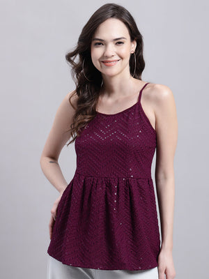 Women's Wine Chikankari Sequin Work Empire Top