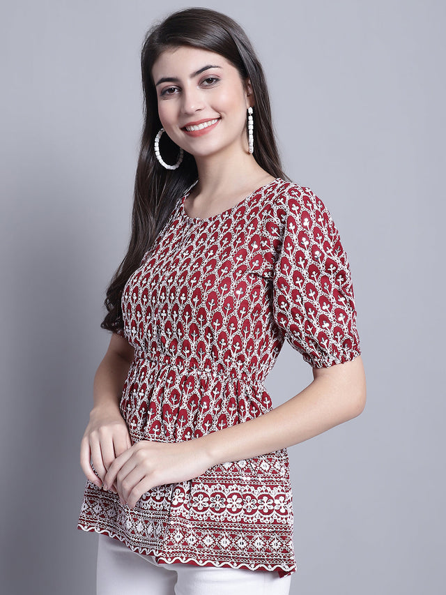 Women's Maroon Chikankari And Sequins Work Empire Top