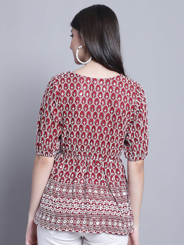 Women's Maroon Chikankari And Sequins Work Empire Top