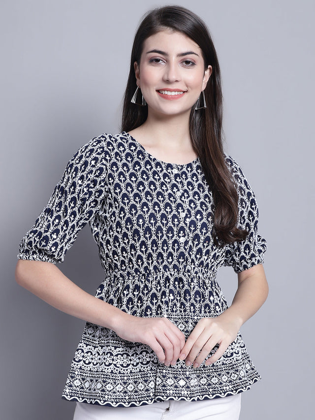 Women's Navy Blue Chikankari And Sequins Work Empire Top