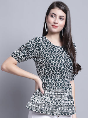 Women's Olive Chikankari And Sequins Work Empire Top