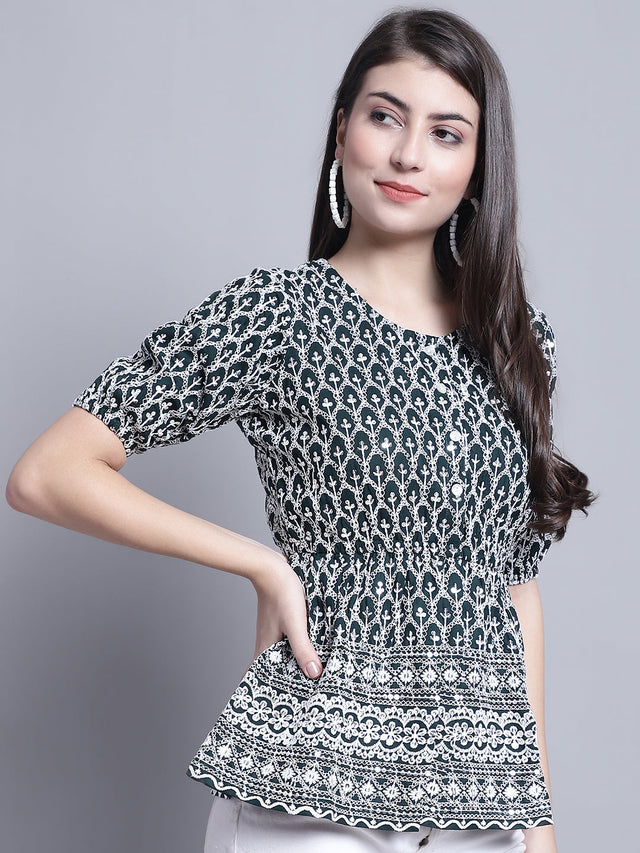 Women's Olive Chikankari And Sequins Work Empire Top