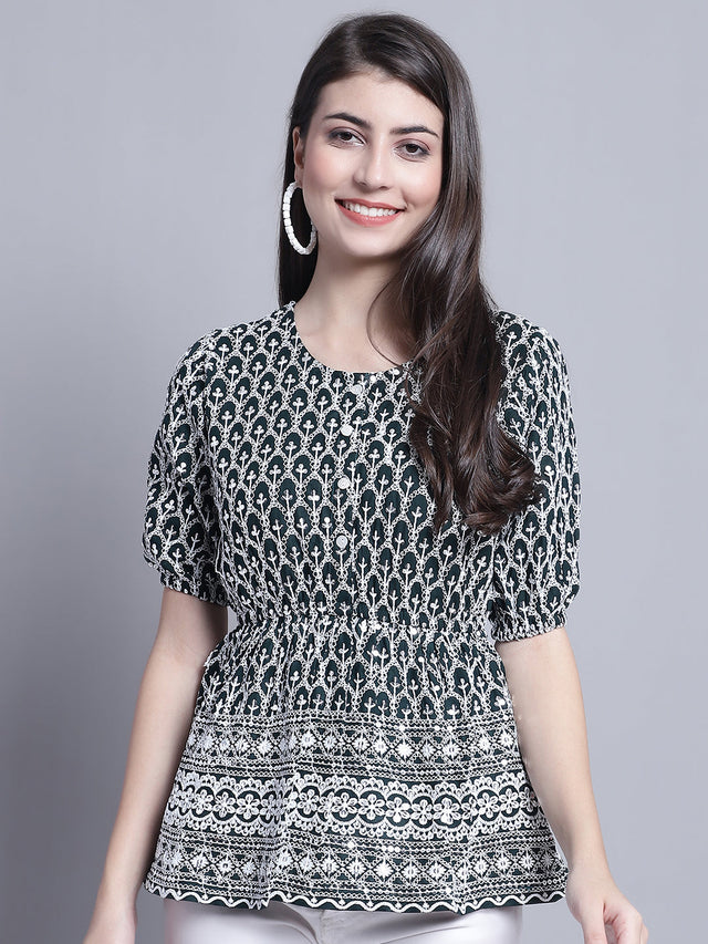 Women's Olive Chikankari And Sequins Work Empire Top