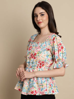 Women's Multi-Color Floral Print Puff Sleeves Top