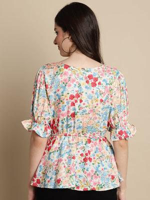 Women's Multi-Color Floral Print Puff Sleeves Top