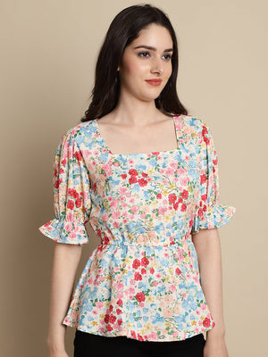 Women's Multi-Color Floral Print Puff Sleeves Top