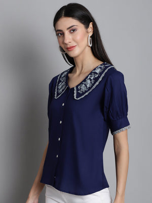 Women's Navy Blue Embroidered Peter Pan Collar Top