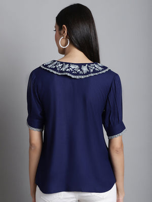 Women's Navy Blue Embroidered Peter Pan Collar Top