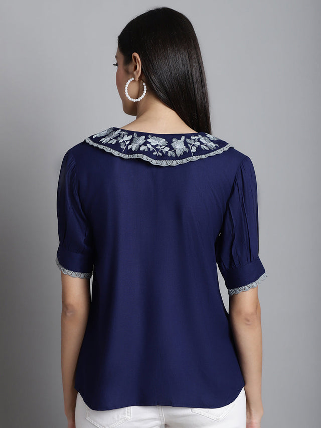 Women's Navy Blue Embroidered Peter Pan Collar Top