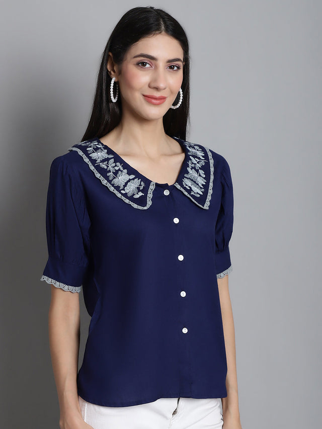 Women's Navy Blue Embroidered Peter Pan Collar Top