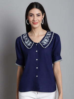 Women's Navy Blue Embroidered Peter Pan Collar Top