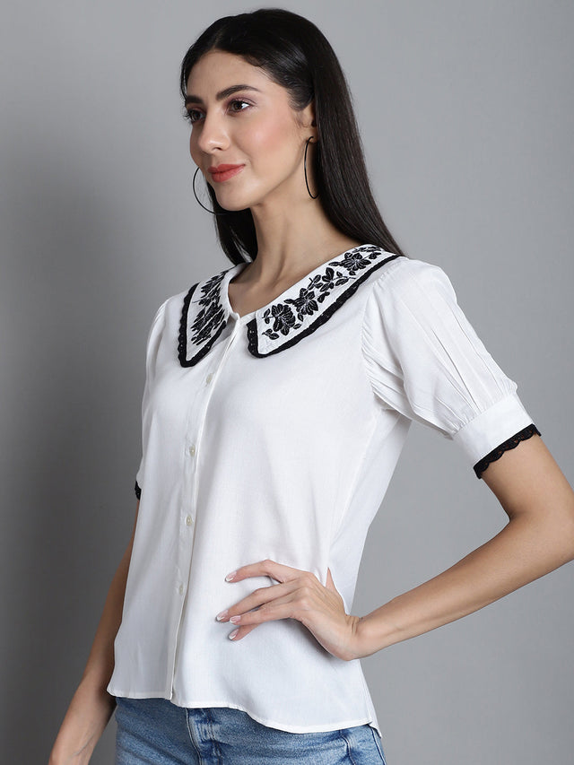 Women's White Embroidered Peter Pan Collar Top