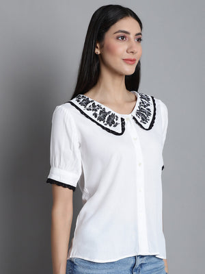 Women's White Embroidered Peter Pan Collar Top