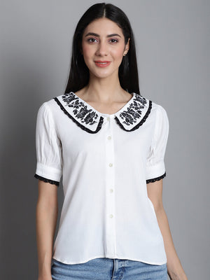 Women's White Embroidered Peter Pan Collar Top