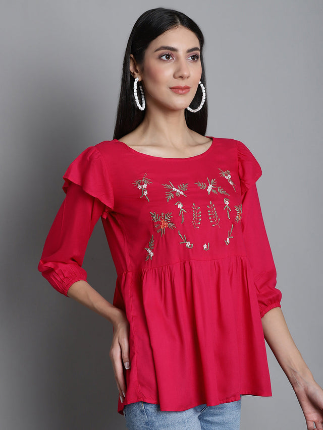 Women's Red Embroidered Stylish Top