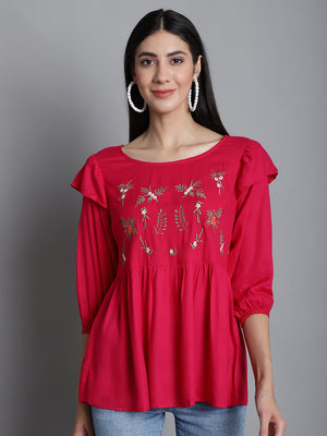 Women's Red Embroidered Stylish Top