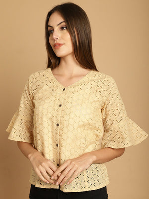 Beige Embroidered Cotton V-Neck Top For Women