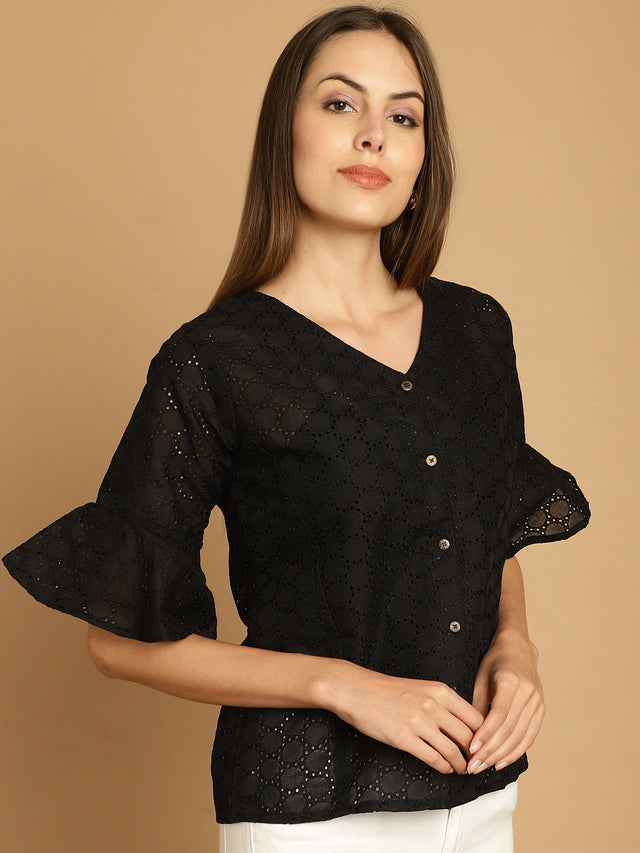 Black Embroidered Cotton V-Neck Top For Women