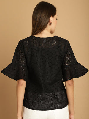 Black Embroidered Cotton V-Neck Top For Women