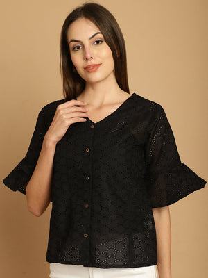 Black Embroidered Cotton V-Neck Top For Women