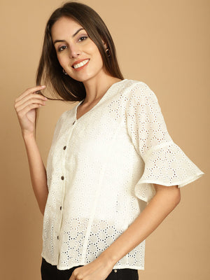 White Embroidered Cotton V-Neck Top For Women