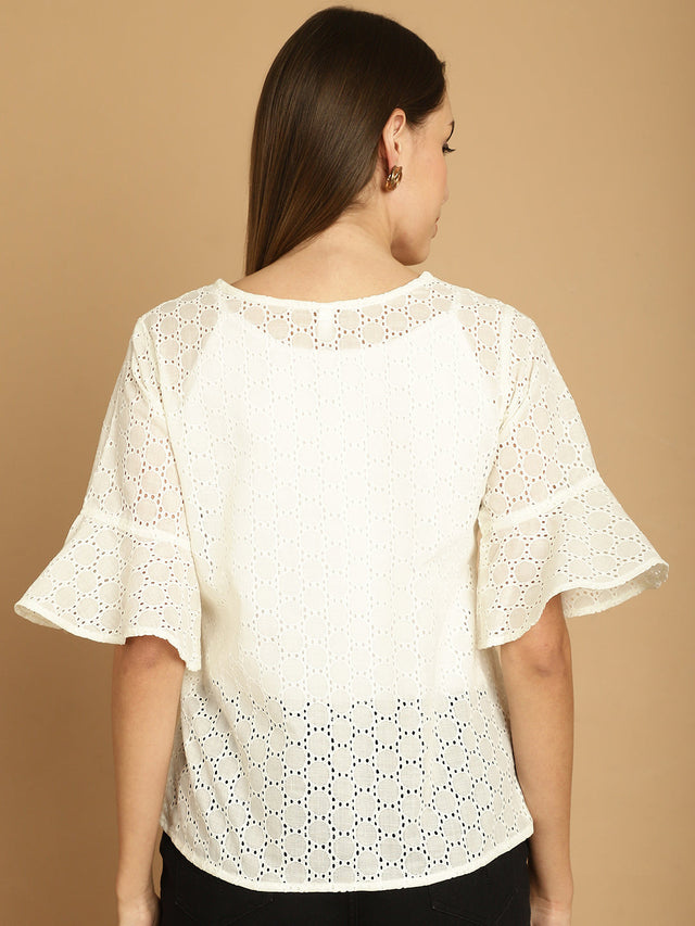 White Embroidered Cotton V-Neck Top For Women