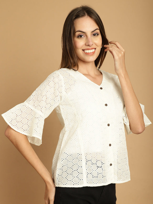 White Embroidered Cotton V-Neck Top For Women
