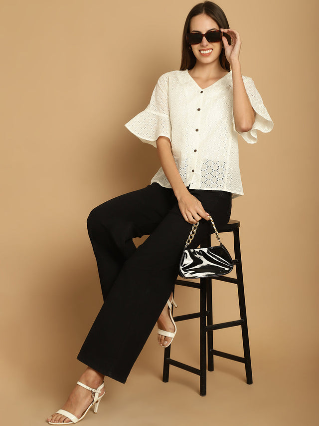 White Embroidered Cotton V-Neck Top For Women