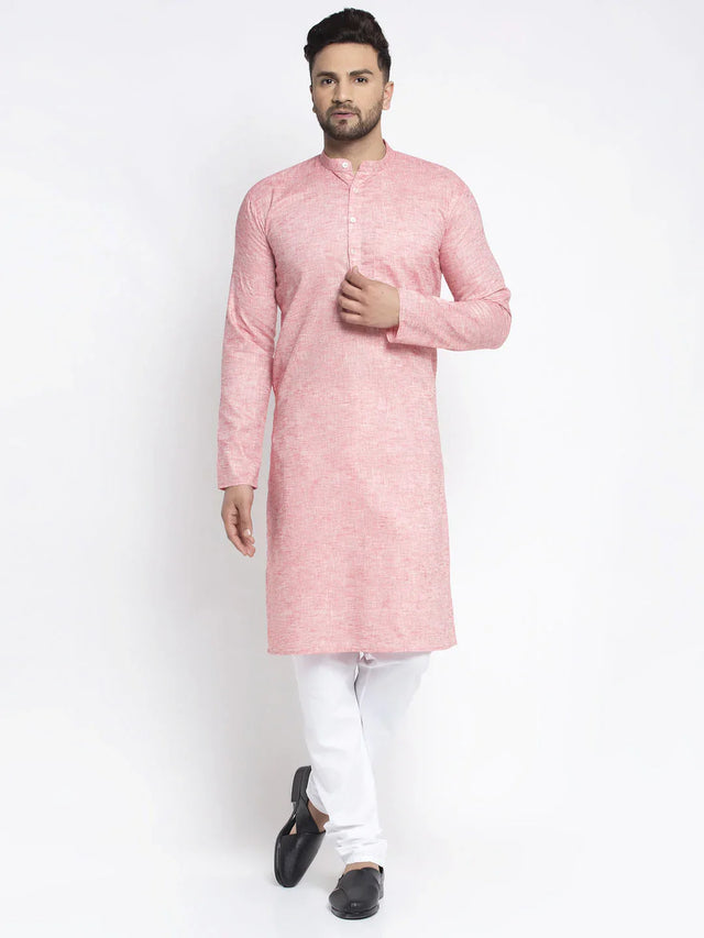 Men's Coral Linen Solid Kurta Set - L