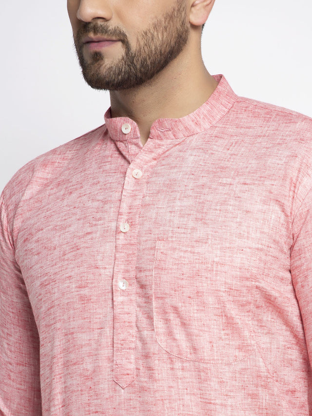 Men's Coral Linen Solid Kurta Set - L