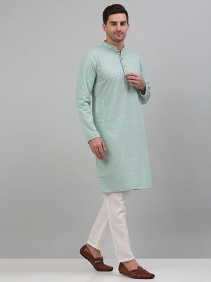 Men's Green Chikankari Embroidered And Sequin Kurta With Pajama
