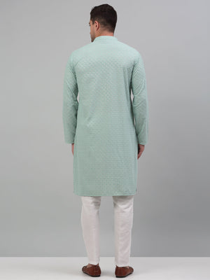 Men's Green Chikankari Embroidered And Sequin Kurta With Pajama