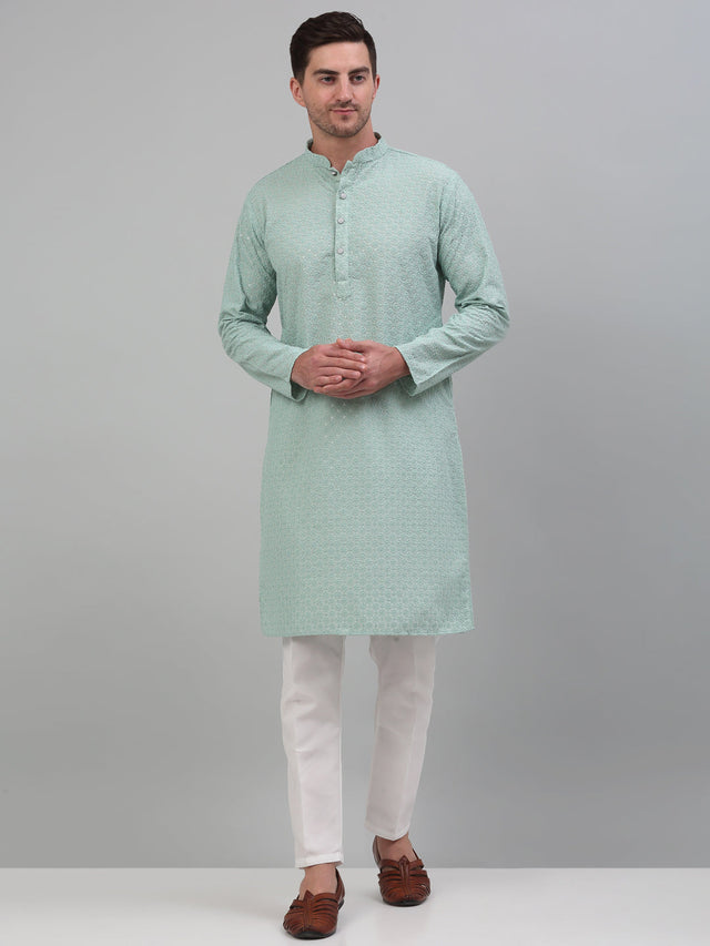 Men's Green Chikankari Embroidered And Sequin Kurta With Pajama