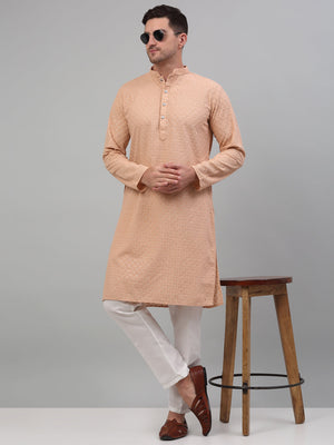 Men's Peach Chikankari Embroidered And Sequin Kurta With Pajama