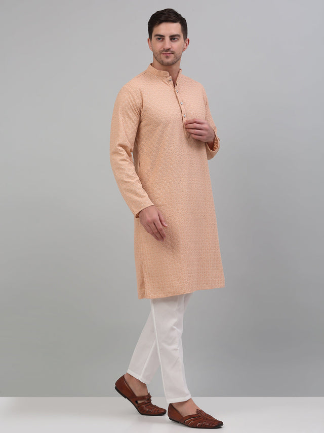 Men's Peach Chikankari Embroidered And Sequin Kurta With Pajama