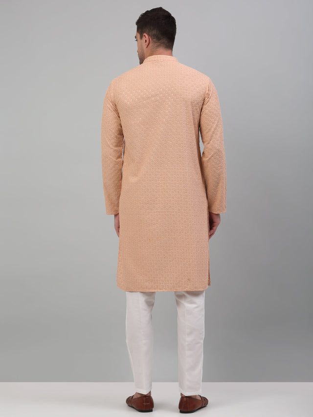 Men's Peach Chikankari Embroidered And Sequin Kurta With Pajama