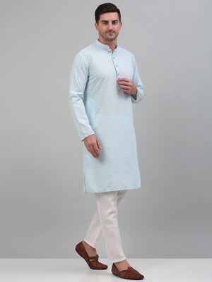 Men's Sky Blue Chikankari Embroidered And Sequin Kurta With Pajama