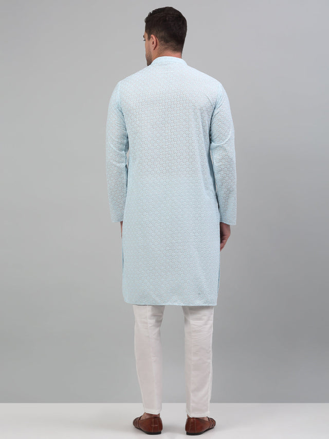 Men's Sky Blue Chikankari Embroidered And Sequin Kurta With Pajama