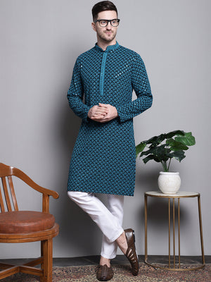 Sequin Embroidered Pure Cotton Kurta With Pajamas (JOKP_P_5004Blue)