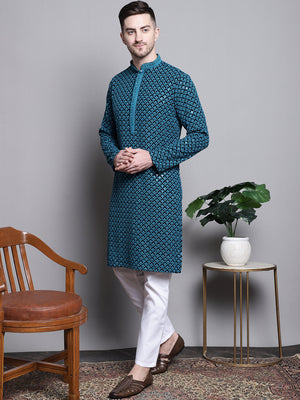 Sequin Embroidered Pure Cotton Kurta With Pajamas (JOKP_P_5004Blue)