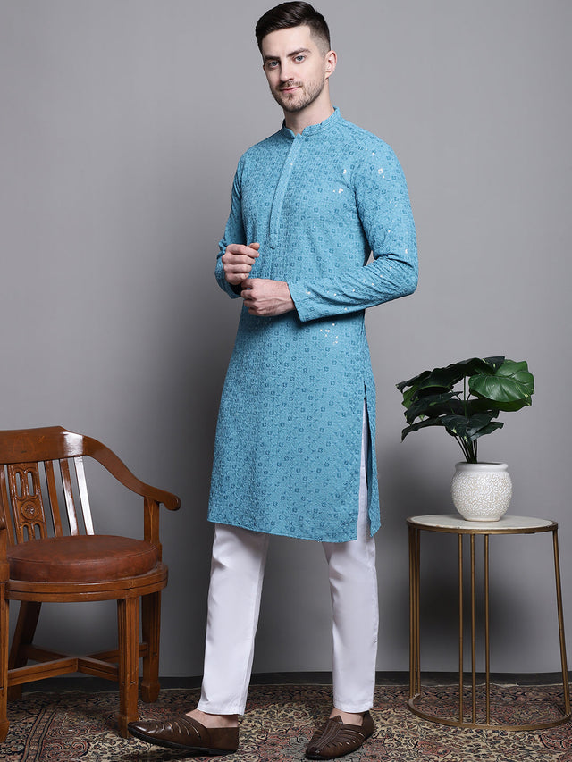 Sequin Embroidered Pure Cotton Kurta With Pajamas